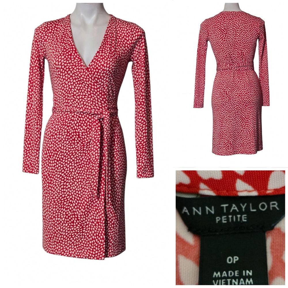 Ann Taylor Petite Red White Heart Print Wrap Dress Long Sleeve 0P V-Neck